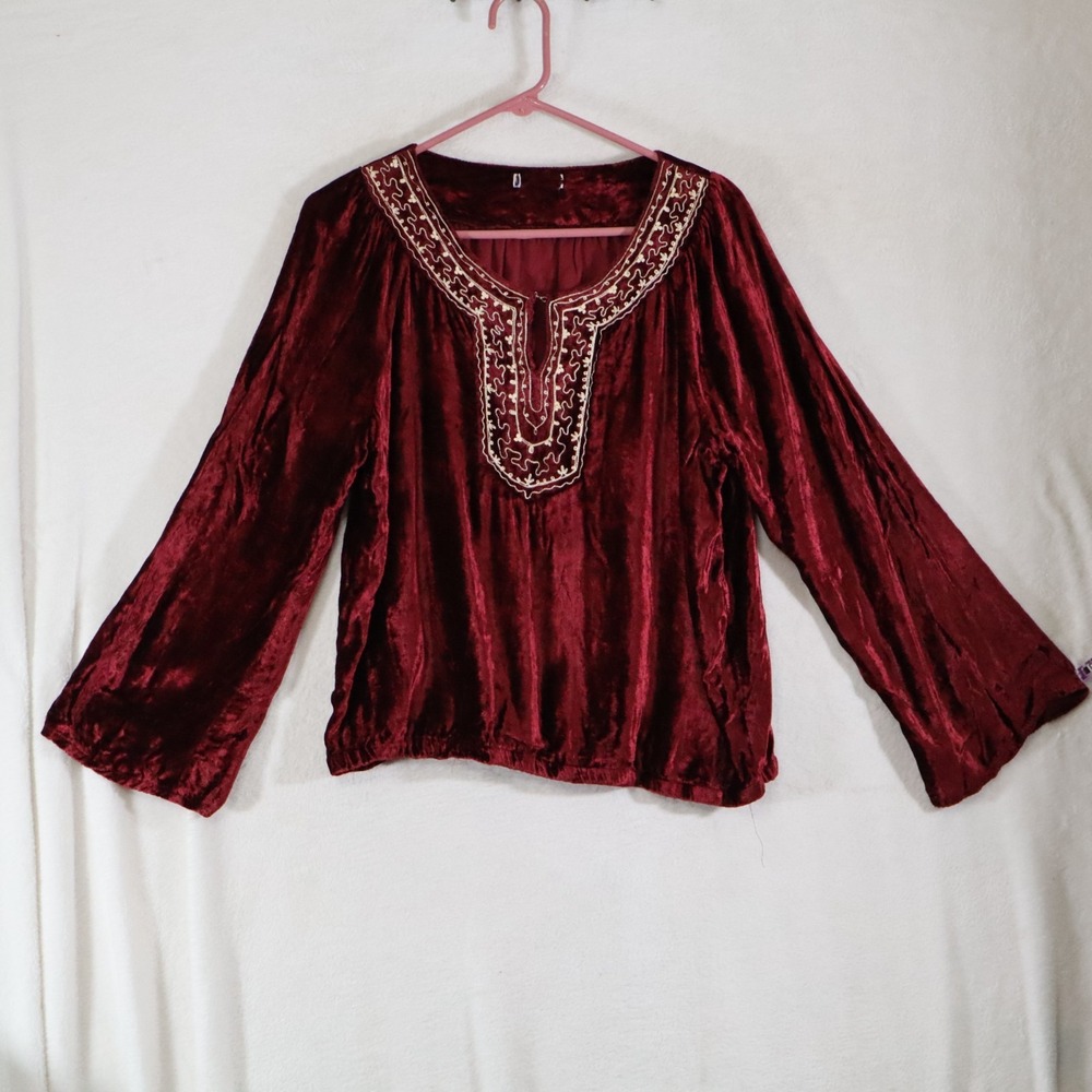 Burgundy Crushed Velvet Peasant Top Renaissance Boho Embroidered Bell Sleeve M/L